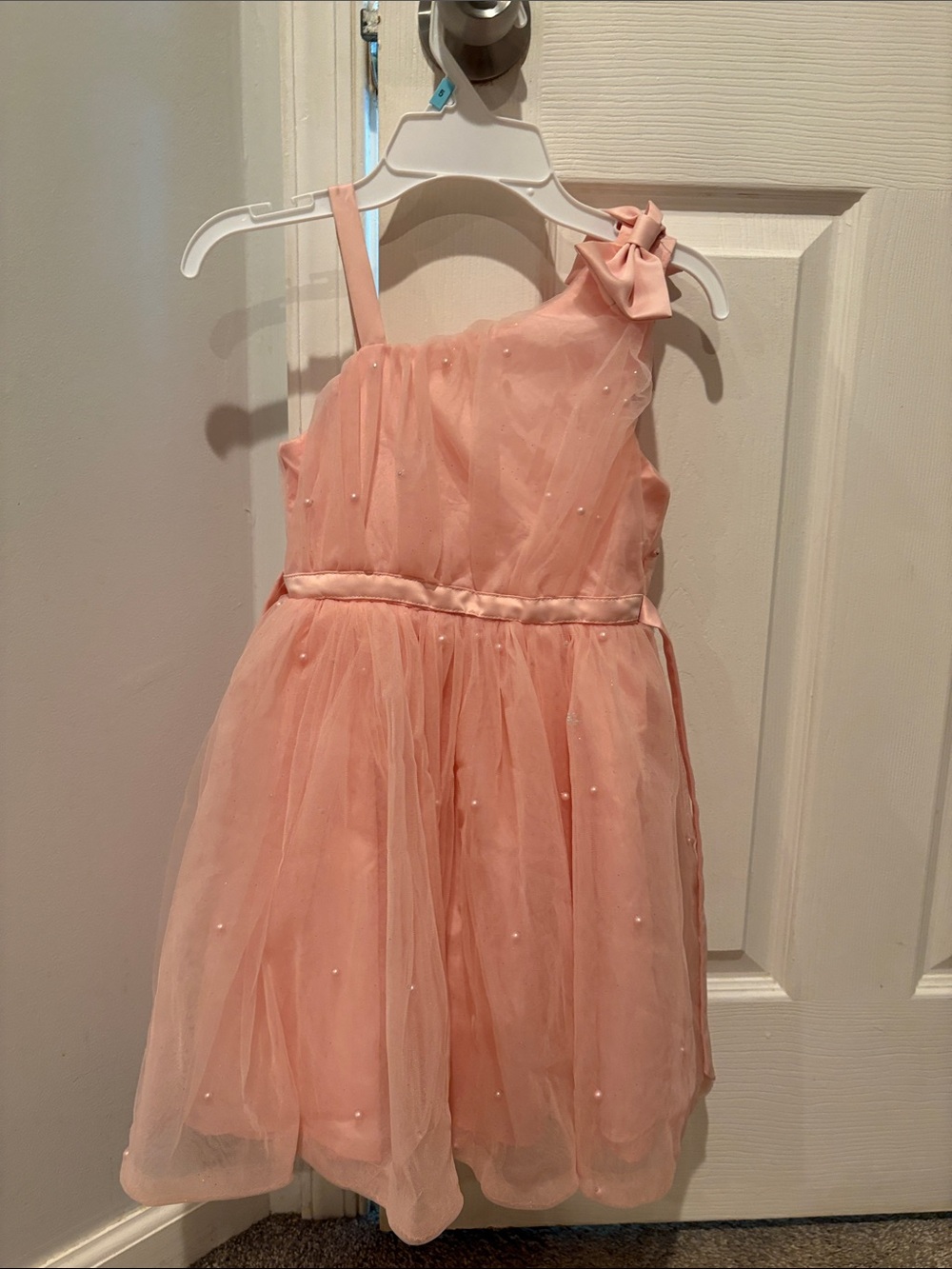 Girls' One-Shoulder Pink Tulle Party Dress with Bow